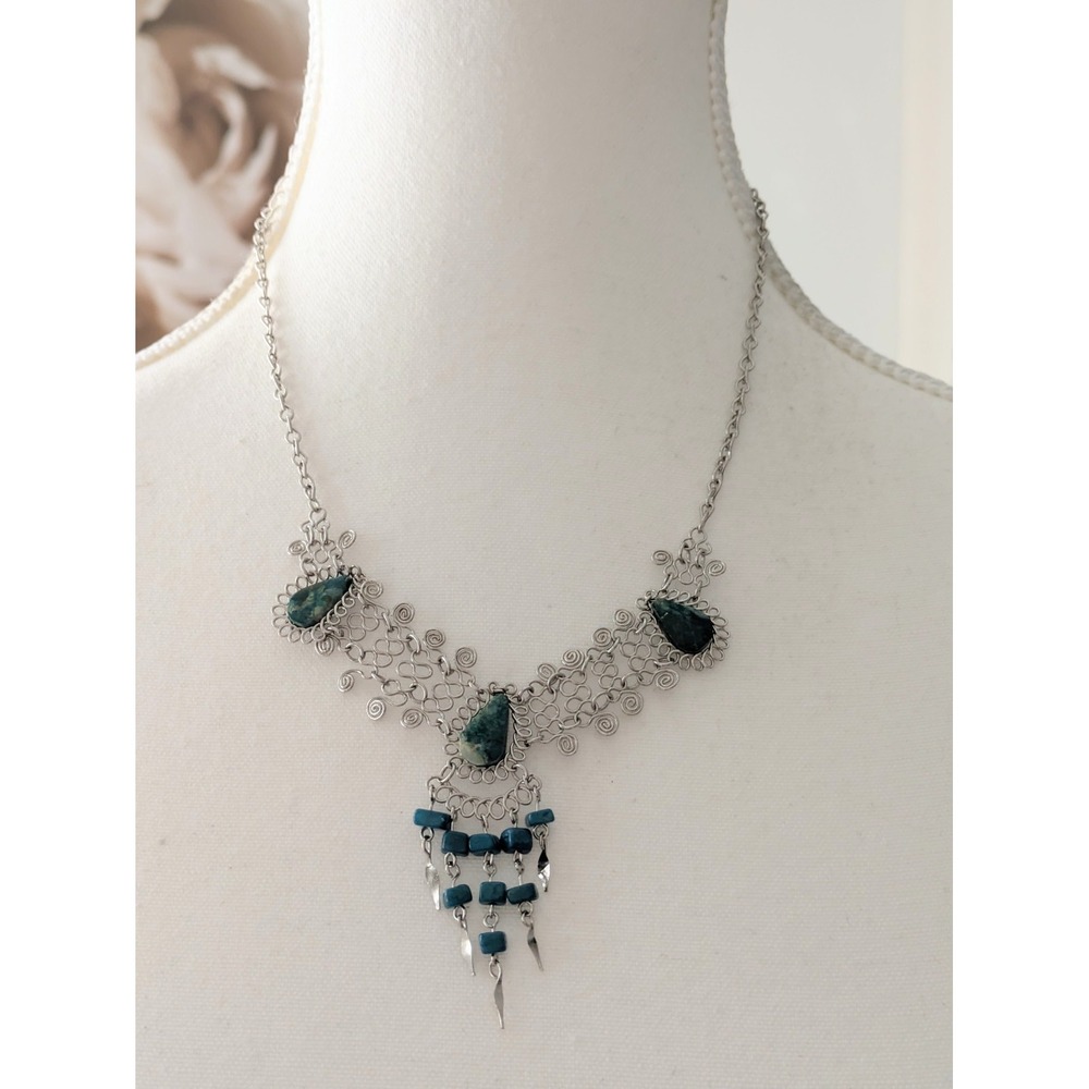 Peruvian Alpaca Co Filigree Necklace Silver Tone Teal Beaded Dainty 16" Long